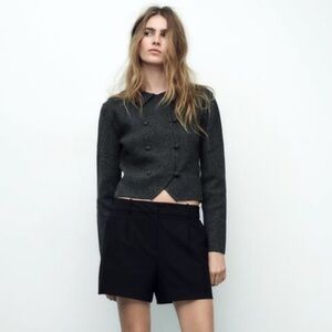 Zara charcoal Gray cropped double breasted Blazer jacket wool blend small